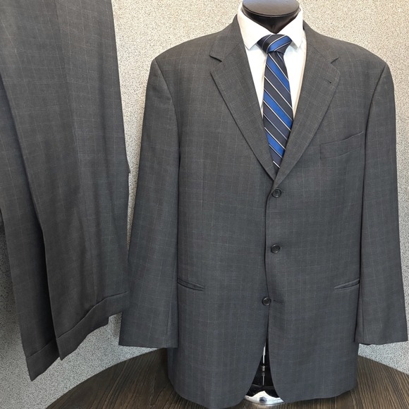 BOSS Hugo Boss Other - BOSS Hugo Boss Gray Suit 46R Plaid Wool Model Sigma Einstein 36W Academia Retro